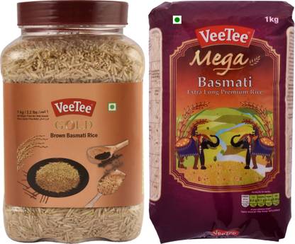 VeeTee Combo Pack Of Gold Brown Basmati Rice (1 Kg) and Mega Basmati Rice (1 Kg) Basmati Rice (Full Grain, Polished)