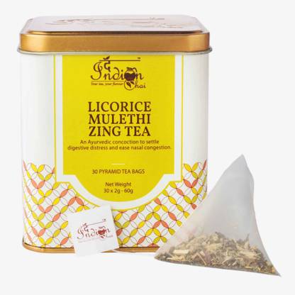 The Indian Chai Licorice Mulethi Zing Herbal Tea 30 Pyramid Tea Bags for Immunity and Stress and Cough Cold and Throat Liquorice Herbal Infusion Tea Bags Tin
