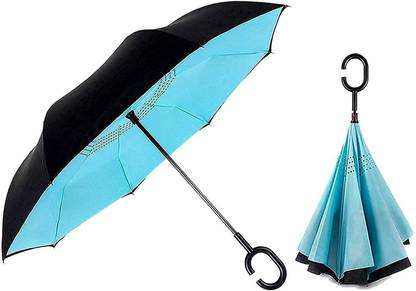 Three Four Reverse Inverted Windproof Upside Down Umbrellas with C-Shaped Handle for Women and Men - Double Layer Inside Out Folding Umbrella blue Umbrella