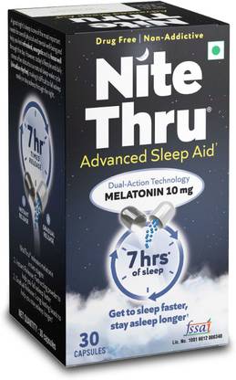 Nite Thru Melatonin 10mg for Healthy Sleep Support upto 7 hours, Non-Addictive – 30 capsules