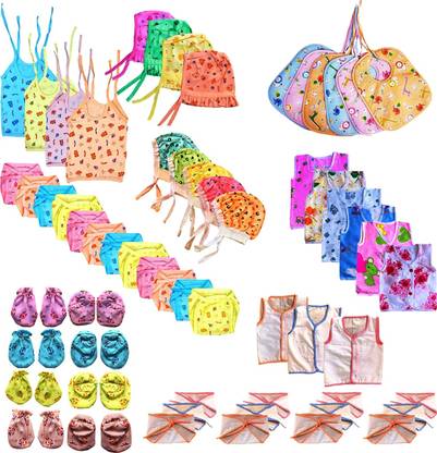 Bigbought Baby Care Combo Of 60 Items (All in One), Hosiery and Cotton Cloth Material, 0 to 6 Months (Multicolor)