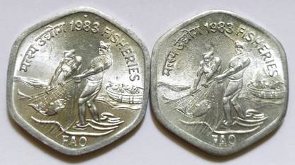 MALLICK COLLECTIONS Fisheries 20 paise 1983 Hyderabad and Calcutta Mint Complete Coin Set,Gem UNC Medieval Coin Collection