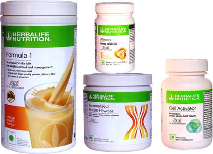 HERBALIFE Weight Loss & Antioxidants Combo With ( Formula 1 Nutritional Shake Mix - Orange Cream Flavor + Personalized Protein Powder 200 Gram + Afresh Energy Drink Mix - Lemon Flavor + Cell Activator Tablets With Phytonutrients Rich In Antioxidants ) Combo