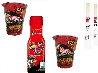 Samyang 2xspicy Buldak Hot Chicken Cup Noodles 70X2 Gm&2X Sauce ( Extremely Spicy Hot Chicken Flavor Sauce), 200g (Imported) (Combo Pack) (Pack of 3) Combo