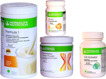 HERBALIFE Weight Loss & Antioxidants Combo With ( Formula 1 Nutritional Shake Mix - Banana Caramel Flavor + Personalized Protein Powder 200 Gram + Afresh Energy Drink Mix - Lemon Flavor + Cell Activator Tablets With Phytonutrients Rich In Antioxidants ) Combo