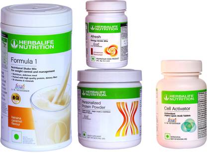 HERBALIFE Weight Loss & Antioxidants Combo With ( Formula 1 Nutritional Shake Mix - Banana Caramel Flavor + Personalized Protein Powder 200 Gram + Afresh Energy Drink Mix - Cinnamon Flavor + Cell Activator Tablets With Phytonutrients Rich In Antioxidants ) Combo