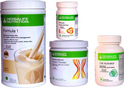 HERBALIFE Weight Loss & Antioxidants Combo With ( Formula 1 Nutritional Shake Mix - Vanilla Flavor + Personalized Protein Powder 200 Gram + Afresh Energy Drink Mix - Peach Flavor + Cell Activator Tablets With Phytonutrients Rich In Antioxidants ) Combo