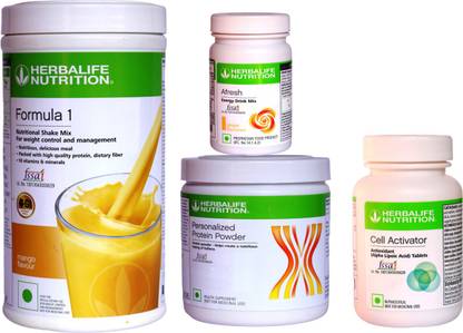 HERBALIFE Weight Loss & Antioxidants Combo With ( Formula 1 Nutritional Shake Mix - Mango Flavor + Personalized Protein Powder 200 Gram + Afresh Energy Drink Mix - Ginger Flavor + Cell Activator Tablets With Phytonutrients Rich In Antioxidants ) Combo