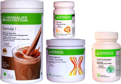 HERBALIFE Weight Loss & Antioxidants Combo With ( Formula 1 Nutritional Shake Mix - Chocolate Flavor + Personalized Protein Powder 200 Gram + Afresh Energy Drink Mix - Ginger Flavor + Cell Activator Tablets With Phytonutrients Rich In Antioxidants ) Combo