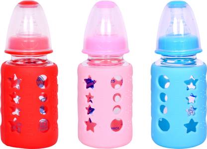 mastela Premium Quality High Borosilicate Glass Feeding Bottle/Feeder with Premium Silicon Sleeves/Warmer Cover & Ultrasoft Flow Control Nipple (Red, Blue & Pink, 125ml/4Oz) - 125