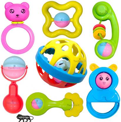 TechHark Colorful Attractive Plastic Non Toxic, Shake & Grab Rattle and Soothing Teether for New Born and Infants Rattle