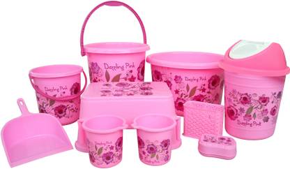 WCSE Unbreakable printed 10pcs Pink color Bucket set with 25 Liter Jumbo Balti total 58 L Plastic Bucket