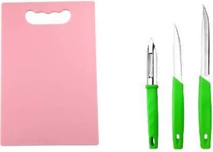 PM SELECT Premium Plastic Chopping Board with 3 pcs knife and peeler Pink and Green Kitchen Tool Set