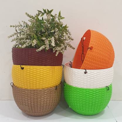 SNSHOPEE SNSHOPEE 7" Attractive woven design beautiful round hanging flower plastic pots with heavy metal chain pots combo high quality designer pots rattan hanging basket euro hanging basket pots & planters indoor pots interior design decoration pots outdoor pots landscape design lawn development gardening hanging flower pots beautiful round nursery gamla flower hanging pot for gardening pots for home garden balcony hanging pots porch pots and planters kitchen gardening terrace garden pots office decor table top pots desk decor plant container set multi color plastic pots (pack of 6) Plant Container Set