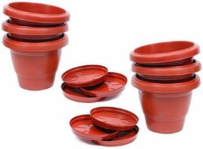 Ramanuj (Pack of 6 with tray) Future Green 10 inches High Quality bigger Round pots for Gardening Flower Pots With Tray Outdoor/Indoor (Pack Of 6,Plastic) Plant Container Set Brown Plant Container Set