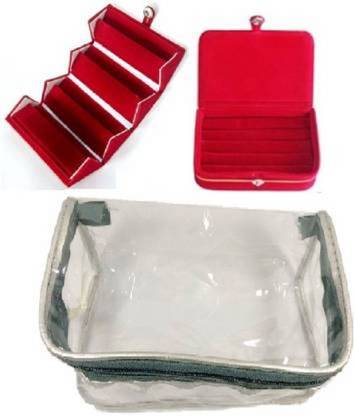 Chehek Combo of 1 Earrings Studs Organizer 1 Ring Pocket Case & 1 Transparent Pouch Jewellery Make up Vanity Box (Maroon & Transparent) Earring Storage Box, Ring Storage Box, Multi-Purpose Storage Organiser Vanity Box