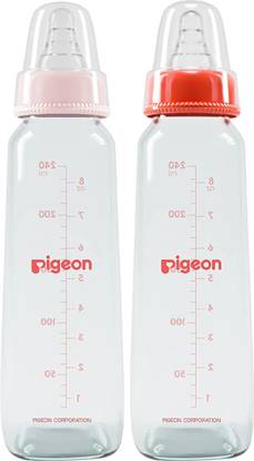 Pigeon GLASS BOTTLE 240ML PINK & RED WITH ADD NIPPLE L-TWIN PACK - 240 ml