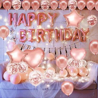 Realistic Store Solid Happy Birthday Rose Gold Foil with HD Metallic Balloons Foil Heart & Star Balloons Decoration Kit Balloon