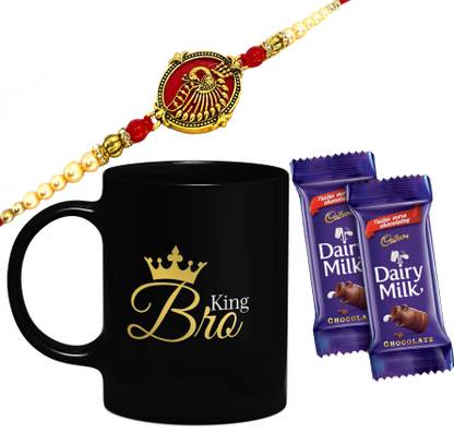 Cadbury King Bro Black mug with Red kundan Rakhi,1 Rakhi, 1 Tilak Pack With Rakshabandhan Greet Card Rakhi for Brother Bhai Bro Bhaiya with 2 Dairy Milk Chocolate Combo