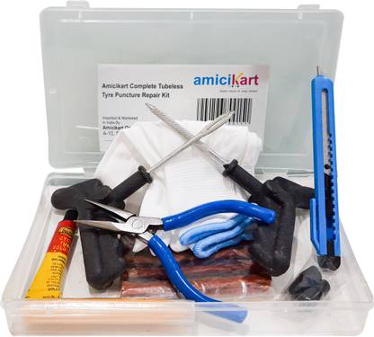 AMICIKART Complete Tubeless Tyre Puncture Repair Kit With Box (Nose Pliers + Cutter + Rubber Cement + Extra Strips) Tubeless Tyre Puncture Repair Kit