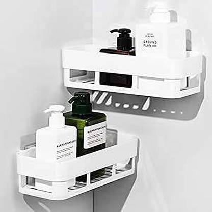 HXOSET pack of 2 Kitchen Bathroom Shelf Wall Mounted Bathroom Kitchen No Drill Storage Rack Super Adhesive Bathroom Shower Organizer Rack Shelf (2 Bathroom Shelves White) Plastic Wall Shelf