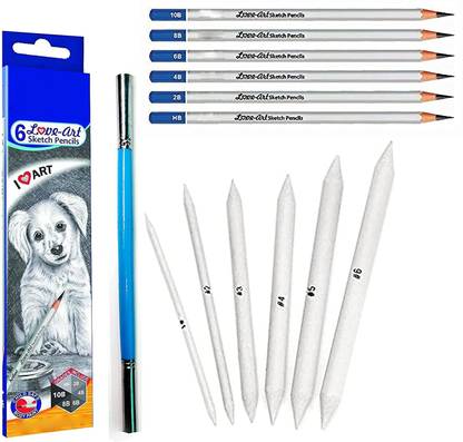 ARTTWALA 6PCS GRAPHITE SKETCHING PENCIL SET FOR DRAWING , 1PC OF TWIN PENCIL EXTENDER , 6PCS OF BLENDING PAPER STUMPS COMBO SKETCHING KIT FOR ARTISTS