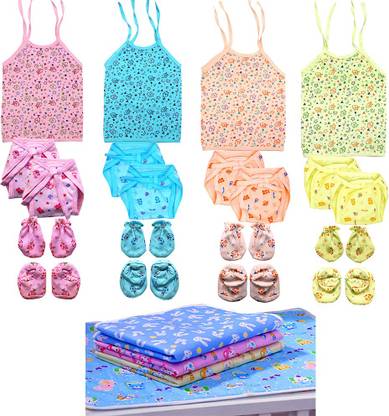 Bigbought Baby Boys and Baby Girls Essential Clothing Combo Set Of Jhabla (4 Pcs), Nappy (Langot) (8 Pcs), Hand Mittens (4 Pair), Leg Booties (4 Pair) and Baby Bed Waterproof / Diaper Changing Mat (3 Piece) (Size Length : 21 Inch, Width : 18 Inch), Hosiery Soft Fabric For Cloth, 0 - 4 Months