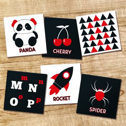 High Contrast Picture cards for New Born/Babies/Infants. Black, White & Red. Visual Stimulation. 24 cards. 2 sided