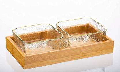 SEASPIRIT Glass Serving Bowl Gold Rim Wooden Tray 4 INCH | Serving Dry Fruit Bowl for Home Decoration | Bowl for Dining Table Fancy Serving Bowl & Tray (2 Bowl & 1 Tray) Bowl, Tray Serving Set
