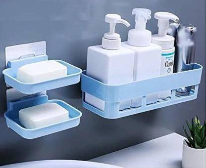 shree sales Bathroom Shelf Kitchen Shelf Soap Box Stand Combo - Wall Mount Bathroom Accessories for Home Decor with Self Adhesive Sticker - White (Combo Bathroom Shelves 1Pcs+ Soap Stand 2Pcs) Plastic Wall Shelf (Number of Shelves - 3, White) Plastic Wall Shelf