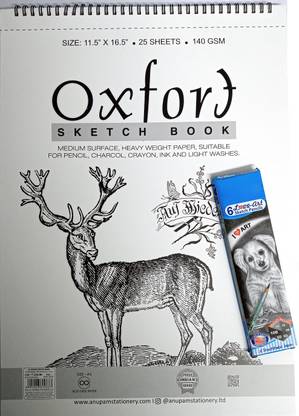SKYGOLD 11.5*16.5 25 SHEETS 140GSM ANUPAM OXFORD SKETCH PAD A3 SIZE FOR SKETCHING WITH ARTLINE SKETCHING PENCIL SET COMBO FOR PROFESSIONAL ARTISTS