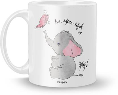 MUGKIN E-18 Special Edition Be You Tiful (Beautiful) Cute Baby Elephants Playing With Butterfly Artwork Printed White Ceramic 350 ml Ceramic Coffee Mug