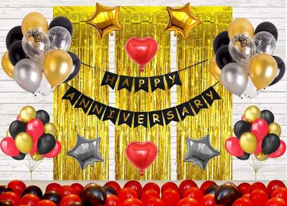 Bubble Trouble Happy Anniversary Decoration Items Home Bedroom Decorations 70pcs Kit Banner Heart Foil Balloon Curtain Metallic Balloons Husband Wife 1st 25th 50th Wedding Set Combo In India - Wedding Anniversary Decorations At Home