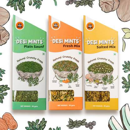 GO DESi DESi MiNTS Natural Combo | Plain Saunf, Fresh Mix & Salted Mix | No Sugar | Healthy digestive Aftermeal | Mukhwas | Farm Sourced | 90g x 3 Mukhwas Mouth Freshener