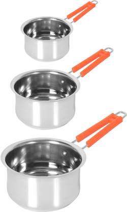 Flipkart SmartBuy Saucepan Set Sauce pan for Tea Pan saucepan combo steel saucepan sauce pan chai milk pan pot boiler container coffee maker Saucepan induction bottom Friendly Stainless Steel Induction CompatibleSaucepan/Cookware/Container/Tea Coffee Pan Set with Handle Set of 3 Pc Pcs Pieces (Capacity: 2000 ml, 1500 ml, 1000 ml)(Colour: Silver, Without Lid) Sauce Pan 23 cm diameter 2 L, 1.5 L, 1 L capacity Cookware Set