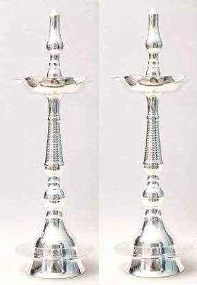 damurhu Brass Silver Coated Kerala Fancy Kuthuvilakku Samai Mahabharat Shamai Vilaku Oil Lamp Table Shiny Diya Set of-2 Size-10 Silver (Pack of 2) Table Diya Set