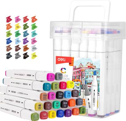 Deli W70801 24 Twin/Dual Tip Alcohol Solvent Ink Based Art Marker Set with Fine 1mm and Chisel 7mm Nibs (24 Multicolour Ink)