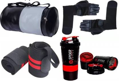 EMMKITZ (black&grey )gym bag with spider bottle with wrist support & gym gloves Home Gym Kit Gym & Fitness Kit Fitness Accessory Kit Kit
