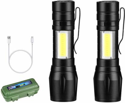 VVG TRADERS USB Rechargeable LED Zoomable Flashlight Torch Lamp Linternas Built in Battery With USB Cable Gift Box Torch Emergency Light Portable Pocket Size Mini LED Flashlight Torch (Black : Rechargeable) Torch