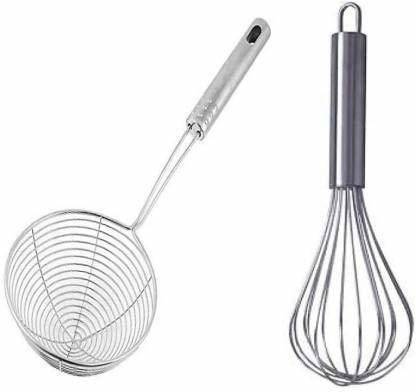 LSARI Steel Hand Blender Mixer Froth Whisker Latte Maker for Milk Coffee Egg Beater Juice (9 Inches) and Trading Stainless Steel Deep Fryer Strainer/Mesh Strainer/Jhara/Puri Strainer for Kitchen Sieve (14 cm ) (Steel Pack of 2) Strainer