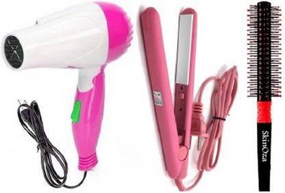 SkinOza Premium Hair Brush & Saloon Professional Hair Straightener & Foldable 2 Speed Hair Dryer