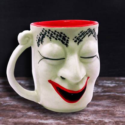 THE SHILPKARI Ceramic Clay Handmade 3D Face Joker/Jasmine Single Coffee (White Red, 300 ml) Ceramic Coffee Mug