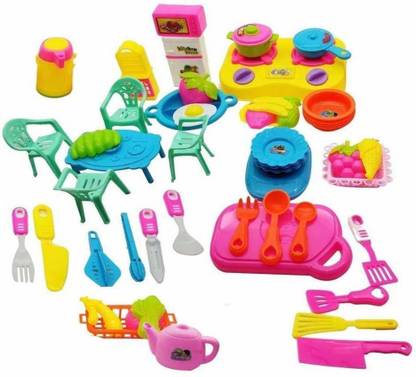 SVE Chef Realistic Miniature Chefs Pretend Play Role Play Home Game Set, Kids New Toy Kitchen Set for Kids with Cooking Utensils and Dining Table Chair Combo Items