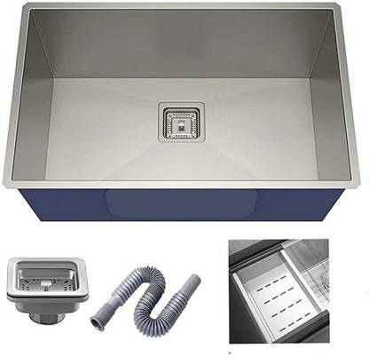 Happy Homes Modular Kitchen Sink (24X18X10 Inch) , Matte Satin Finish 304 Stainless Steel with Square Coupling and Metal Fruit Basket Counter Top