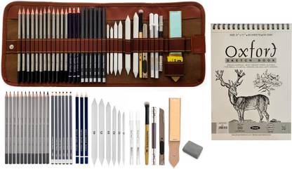 Definite Art 36 Pieces Professional Sketching and Drawing Art Tool Kit; 12 X Graphite Pencils- 10B, 8B, 6B, 5B, 4B, 3B, 2B, B, HB, 2H, 4H & 6H; 6 X Black Charcoal Pencils (3 X Soft, 2 X Medium & 1 Hard); 3 X Sketch Eraser Pencil, 6 X Paper Art Blending Stumps, 1 X Small Handle Blending Brush, 2 X White Pens, 1 X Utility Sharpening Knife, 1 X 13cm Pencil Extender, 1 X Sandpaper Strip, 1 X Kneadable Eraser, 1 Canvas Rolling Pouch and A4 Spiral Sketch Pad - 140 GSM (50 Sheets)