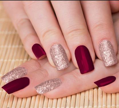 NAIL ART red with golden nails set of 30 red, golden
