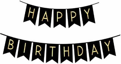 GROUNDOXY IND'B13 BLACK AND GOLD HAPPY BIRTHDAY BANNER FOR STYLISH DECORATION PARTY EVER 8INCH HAPPY BIRTHDAY BANNER BUNTING FLAG FOR BIRTHDAY PARTY Banner