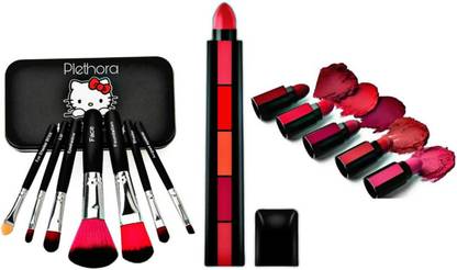 Plethora 5 Step Matte Lipstick & 7 Pcs Mini Makeup Brushes With Storage Box