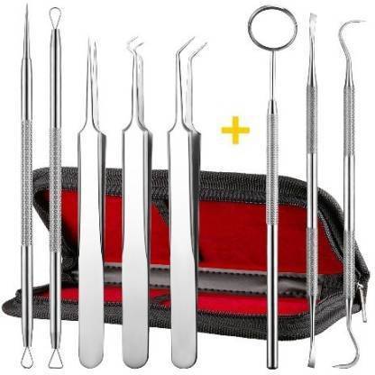 ARINEO 8 Pieces Blackhead Remover Tweezer Kit & Dental Tools, Blackhead Tools for Comedone Extractor Whitehead Acne Blemish Pimple Remover, Dental Pick, Tartar Plaque Remover, Dental Set for Oral Care Dental Implant