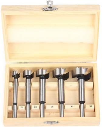 atozshop11 Forstner Drill Bit Set 5-35mm 5pcs, Carbide Wood Drill High Speed Steel Flat Wing Drilling Hole Hinge Cemented Carbide Carbon Woodworking Drill Bit Counterbore with Blister Pack